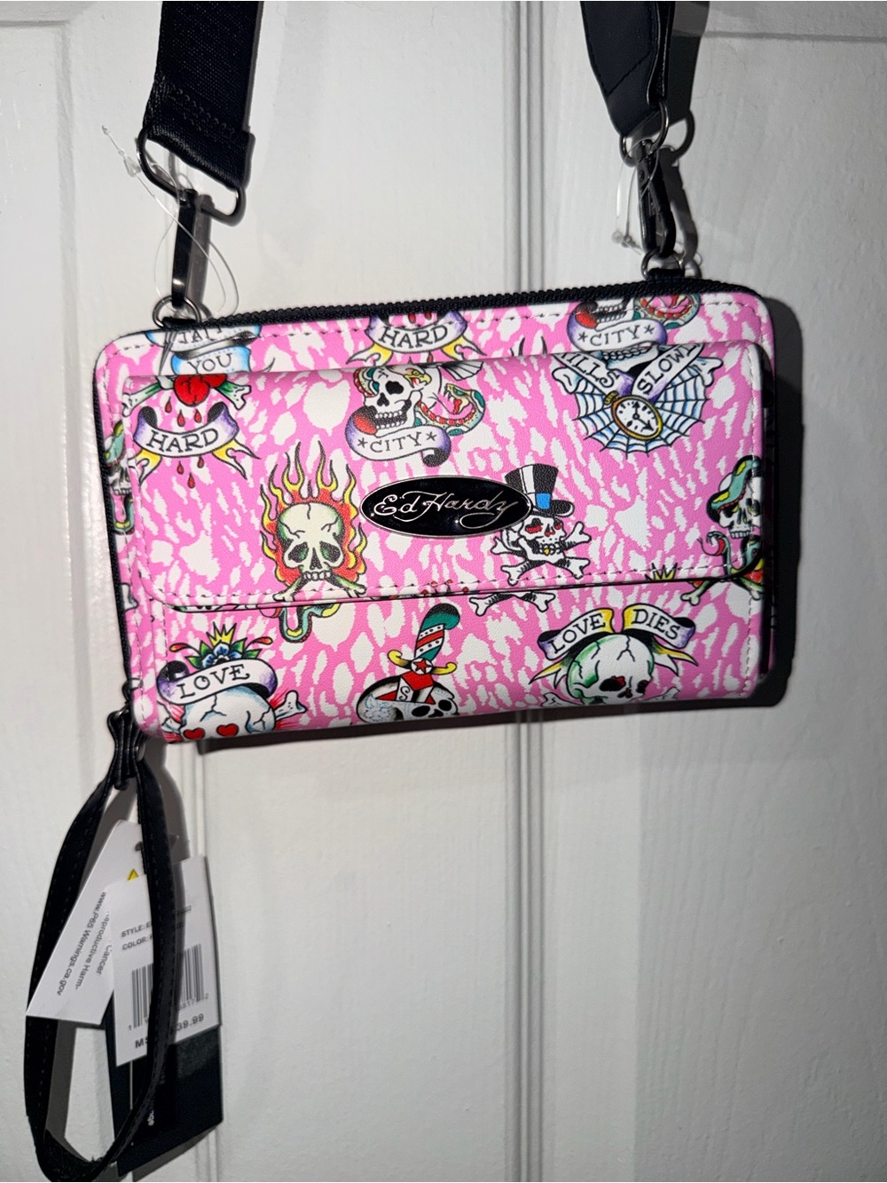 Ed Hardy Pink Tattoo-Print Crossbody Wallet